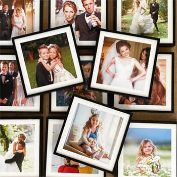 A stack of black frame photo tiles. 